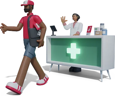 Courier leaving the pharmacy with a delivery bag