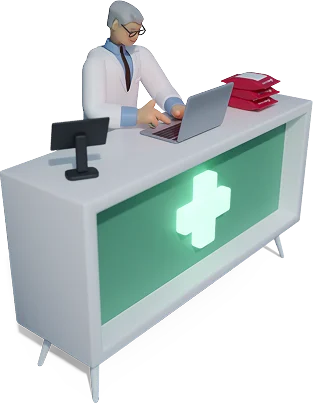 Pharmacist entering an order on a laptop