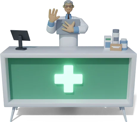 Pharmacist waving from behind the counter