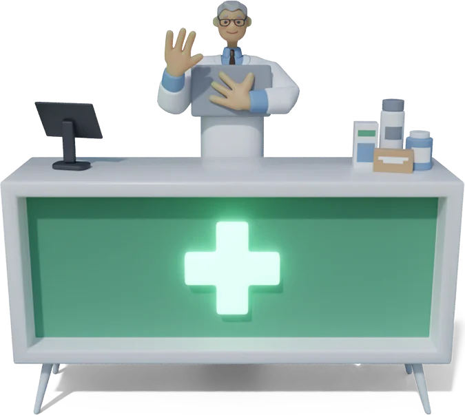 Pharmacist waving from behind the pharmacy counter