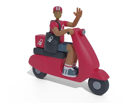 Courier waving from a red scooter