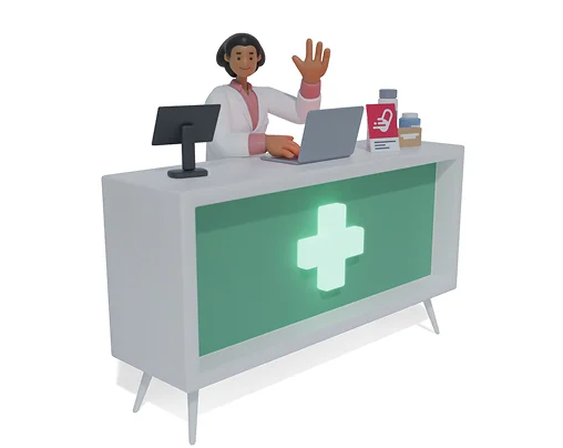 Pharmacist waving from a pharmacy counter